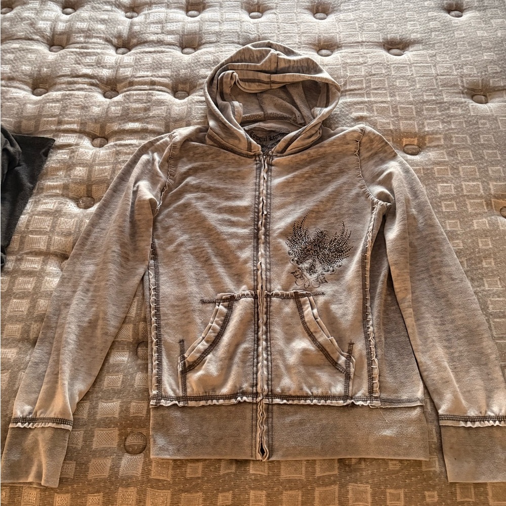Gray Zip-Up Hoodie with Embroidered Design